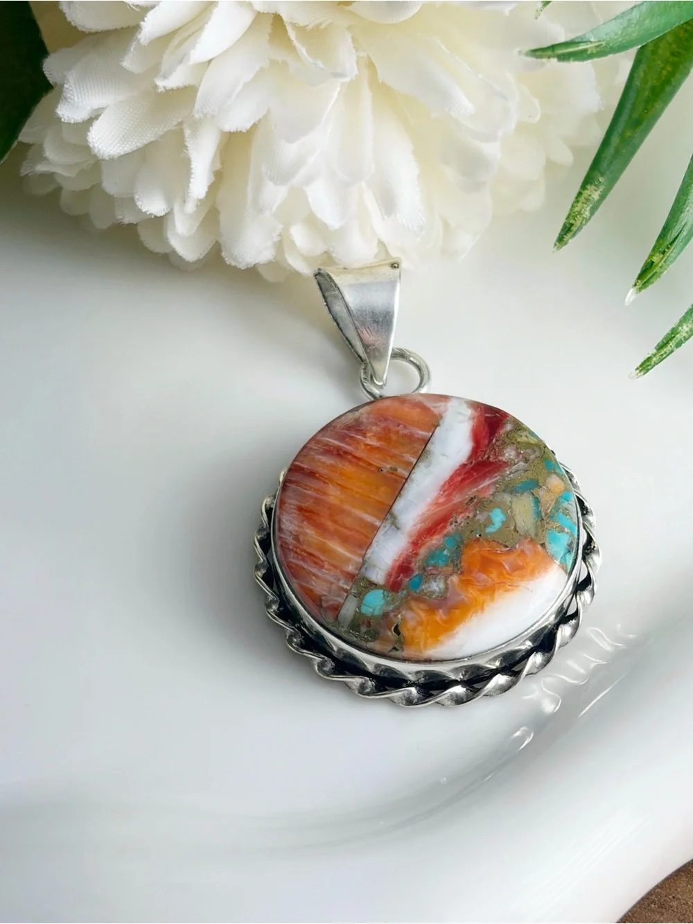 New Southwest Round Oyster Copper Turquoise Pendant 925 Sterling Silver Overlay